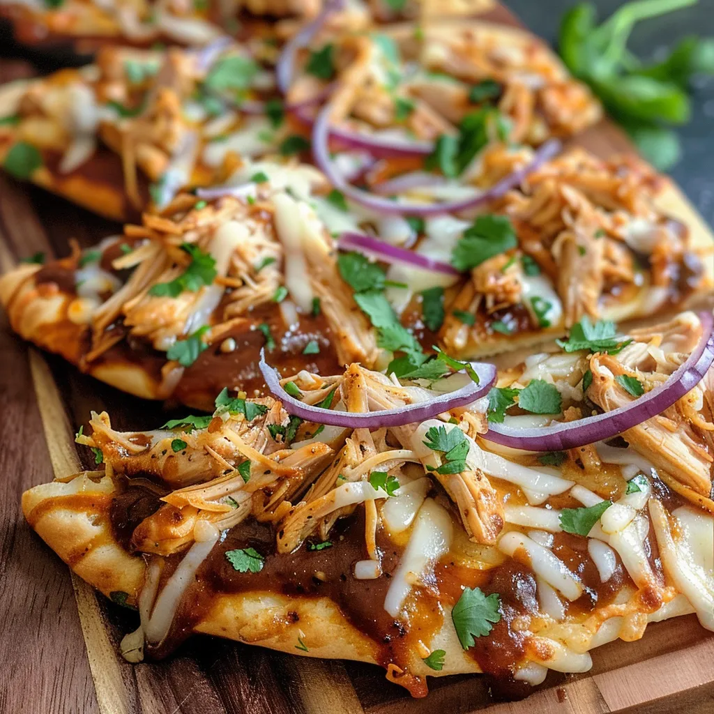 Nahaufnahme von Fladenbrot mit BBQ-Hühnchen, Mozzarella und roten Zwiebeln.