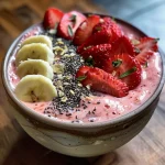 Nahaufnahme einer Smoothie-Schüssel mit Erdbeeren und Bananen.