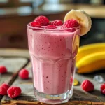 Nahaufnahme eines cremigen Himbeersmoothies in einem Glas.