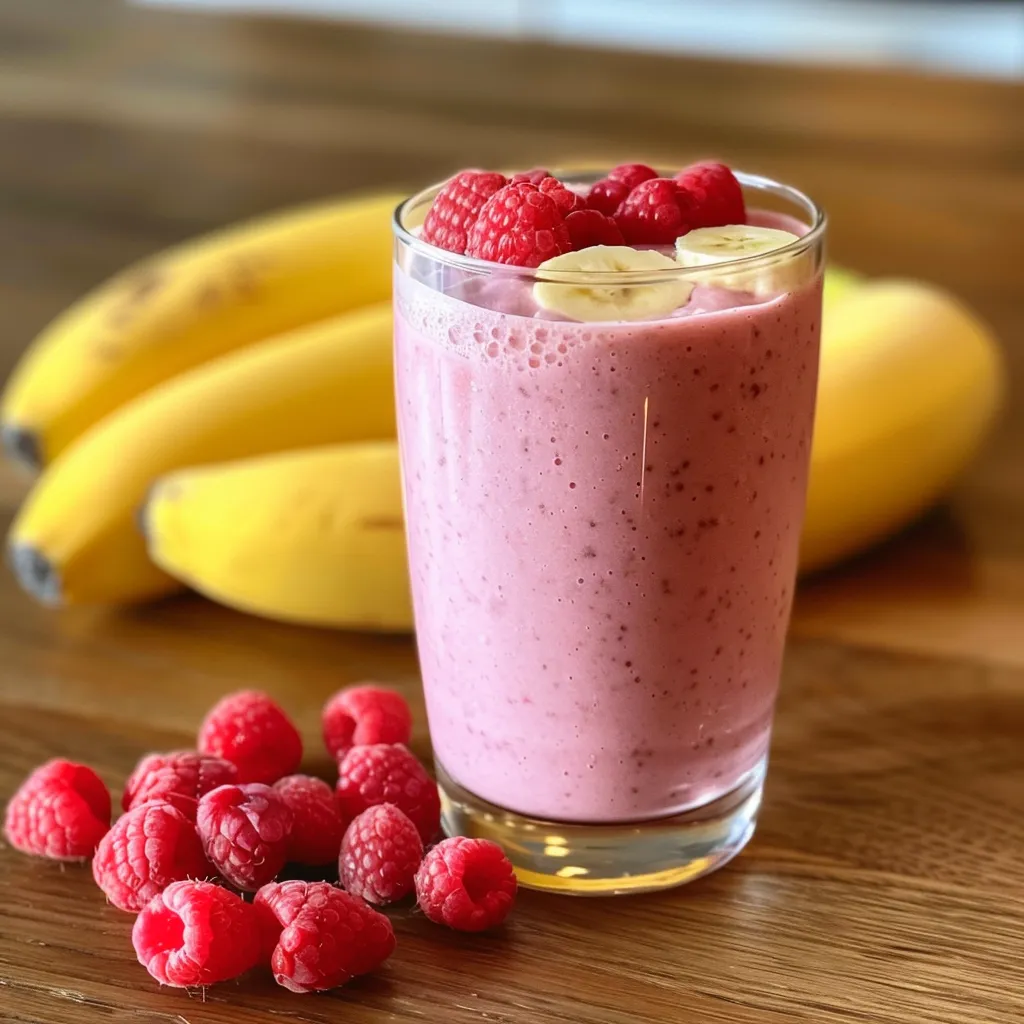 Seitenansicht eines frischen Himbeersmoothies mit Früchten und Joghurt.