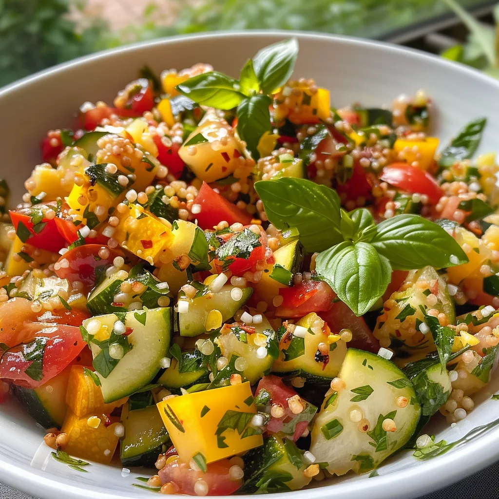 Frischer Reissalat mit Paprika, Zucchini und Kirschtomaten.
