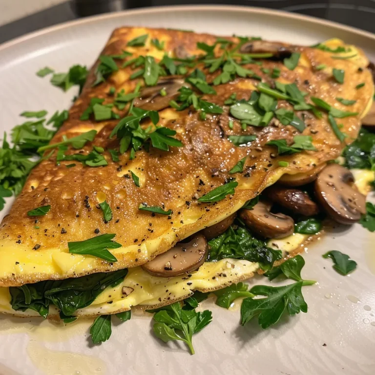 Nahaufnahme eines Spinats-Pilz-Omelettes mit frischen Kräutern.