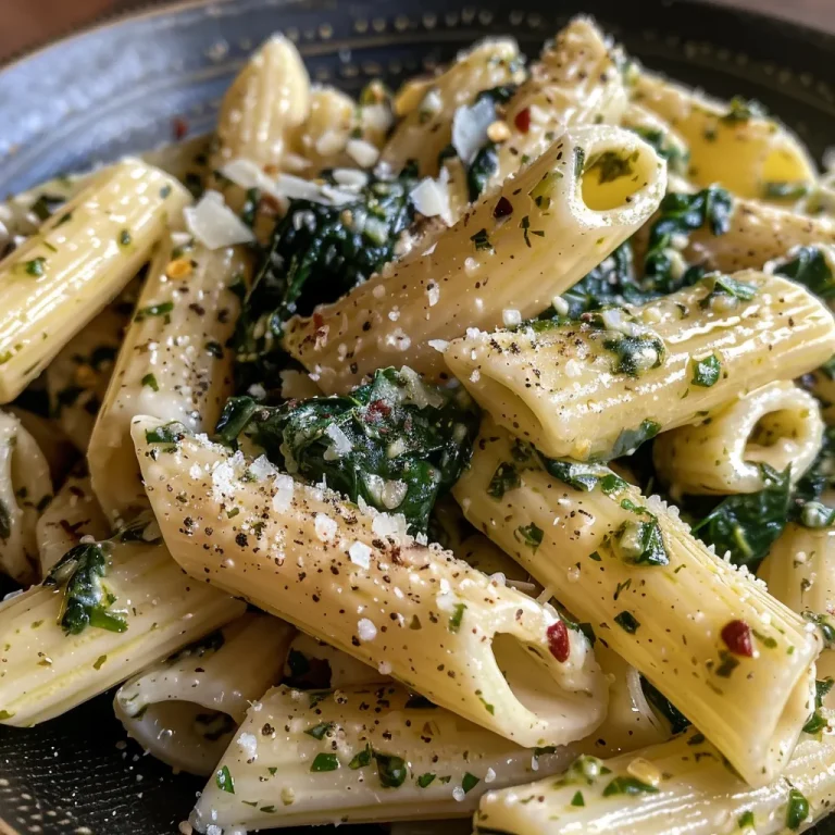Nahaufnahme von cremigem Spinat Ricotta Pasta mit frischen Zutaten.
