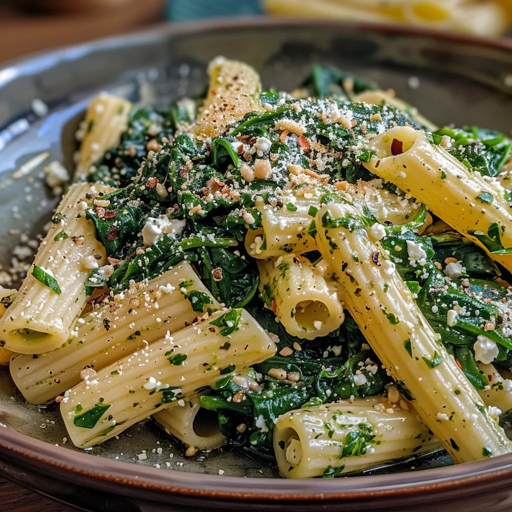 Seiteansicht von Spinat Ricotta Pasta auf einem Teller, mit frischen Kräutern.