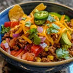 Nahaufnahme eines Taco-Bowl mit knusprigen Chips und frischen Toppings.
