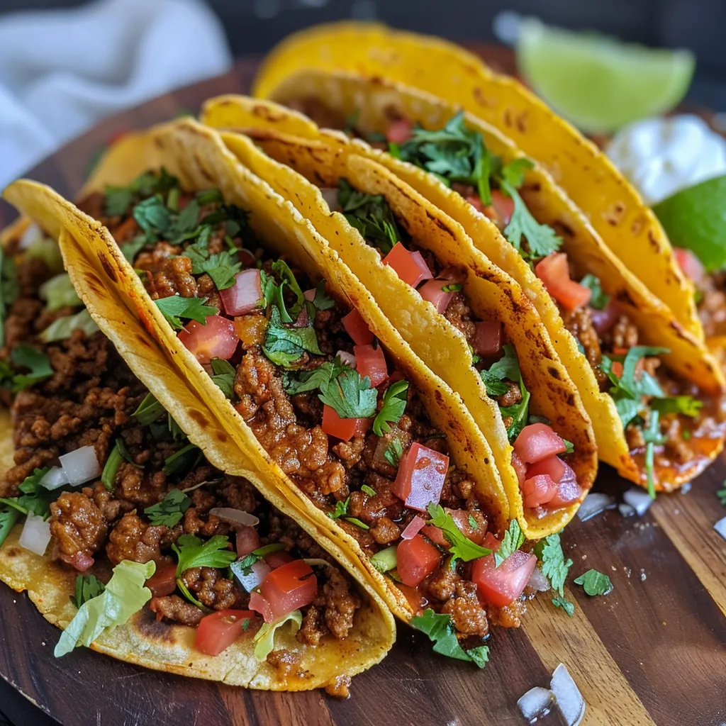 Seitenansicht von scharfen Beef Tacos, angerichtet mit Käse und Koriander.