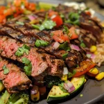Nahaufnahme eines saftigen Steakbowl mit Gemüse und Reis.