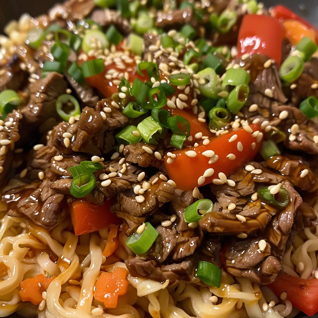 Seiteansicht einer Schale mit saftigen Teriyaki-Rindfleischnudeln, dekoriert mit Frühlingszwiebeln.