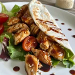 Saftiger Teriyaki-Hähnchen-Wrap, gefüllt mit frischem Gemüse und Sauce.