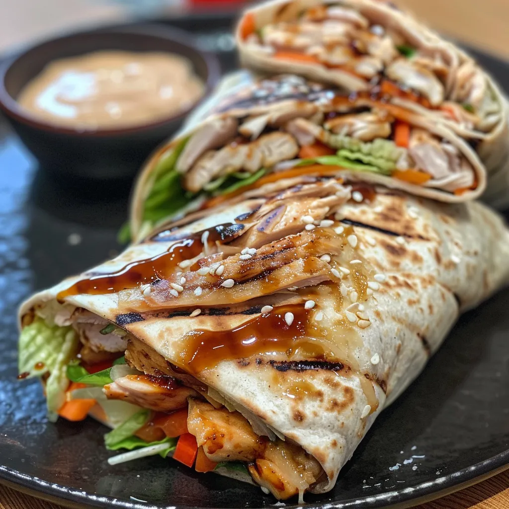 Nahaufnahme eines Teriyaki-Hähnchen-Wraps mit buntem Gemüse.