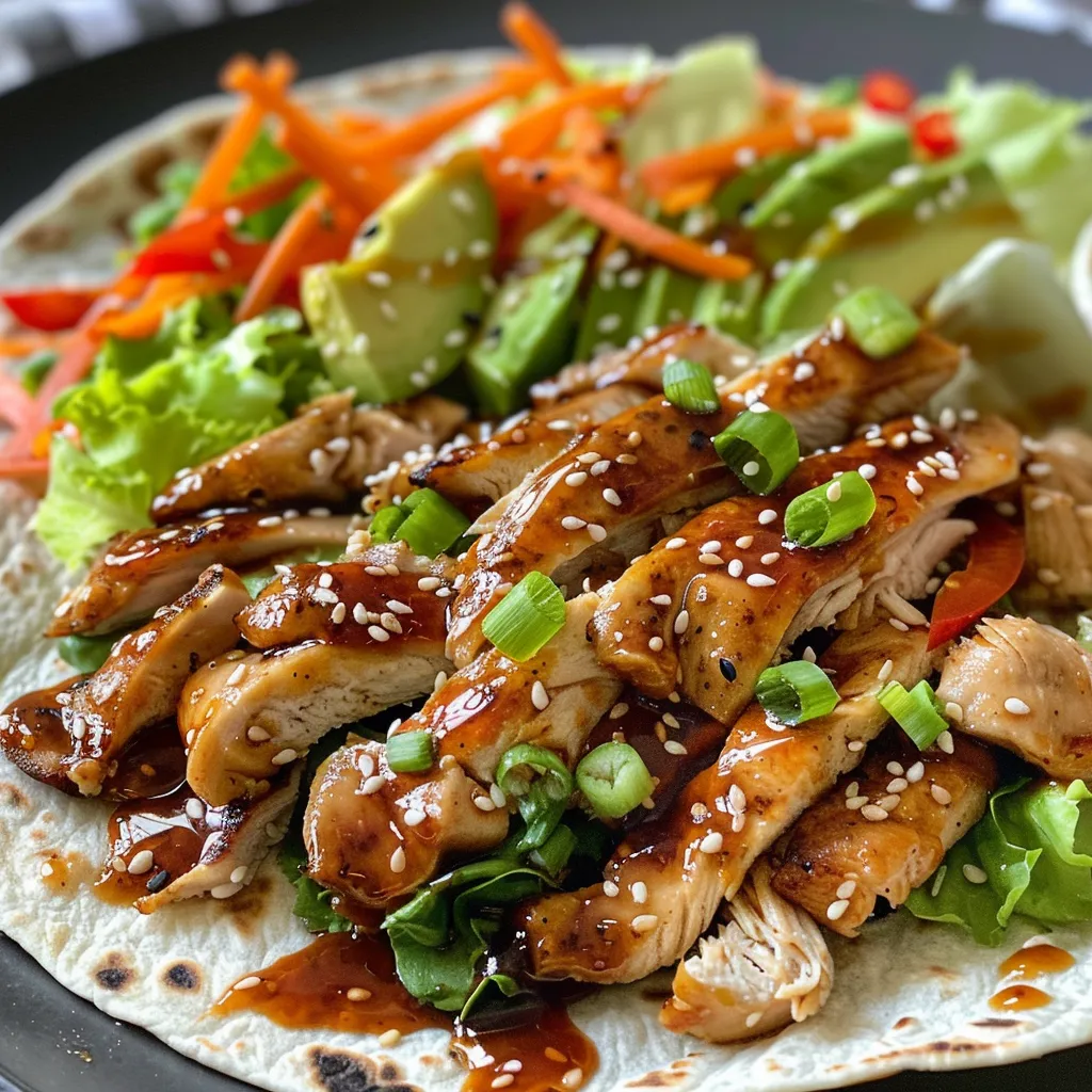 Seiteansicht eines Teriyaki-Hühnchen-Wraps, gefüllt mit Gemüse und Sauce.