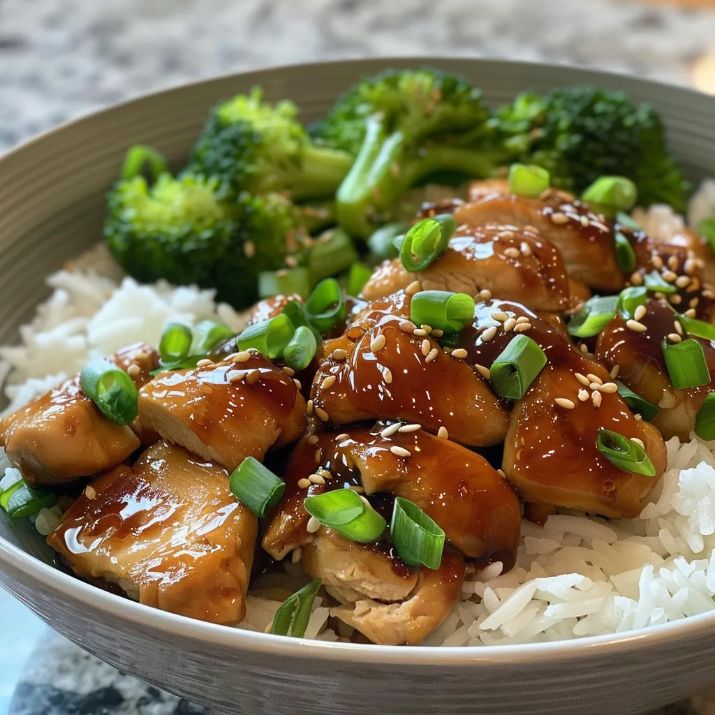 Nahaufnahme von Teriyaki-Hähnchen mit Sesam und Frühlingszwiebeln.