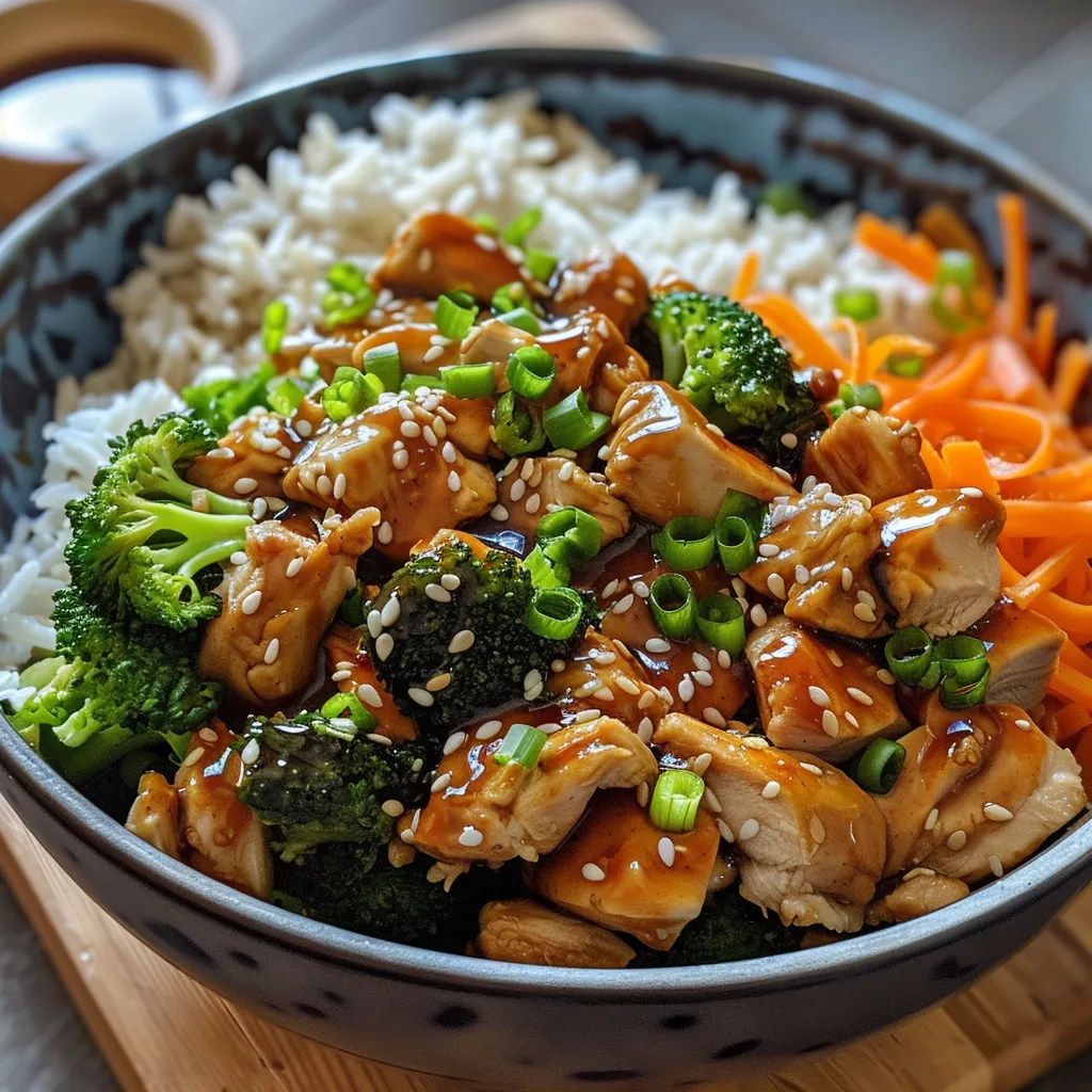 Nahaufnahme einer Teriyaki-Hähnchen-Reisbowl mit Brokkoli und Karotten.