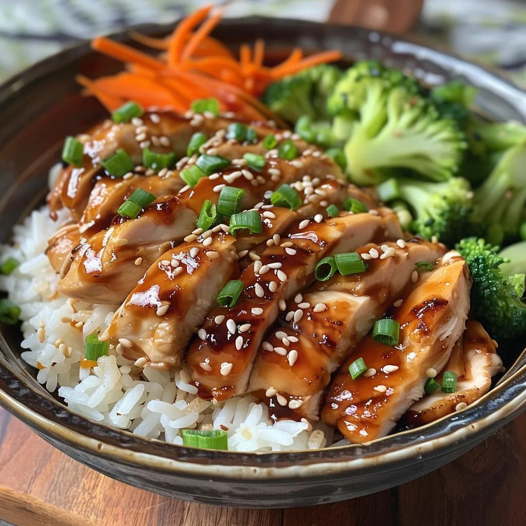 Seitenansicht einer köstlichen Teriyaki-Hähnchen-Schüssel mit Reis und Gemüse.