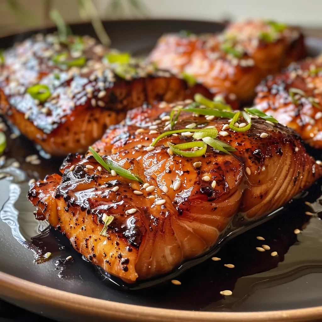 Saftiger Lachs mit Teriyaki-Marinade auf einem Holzbrett.