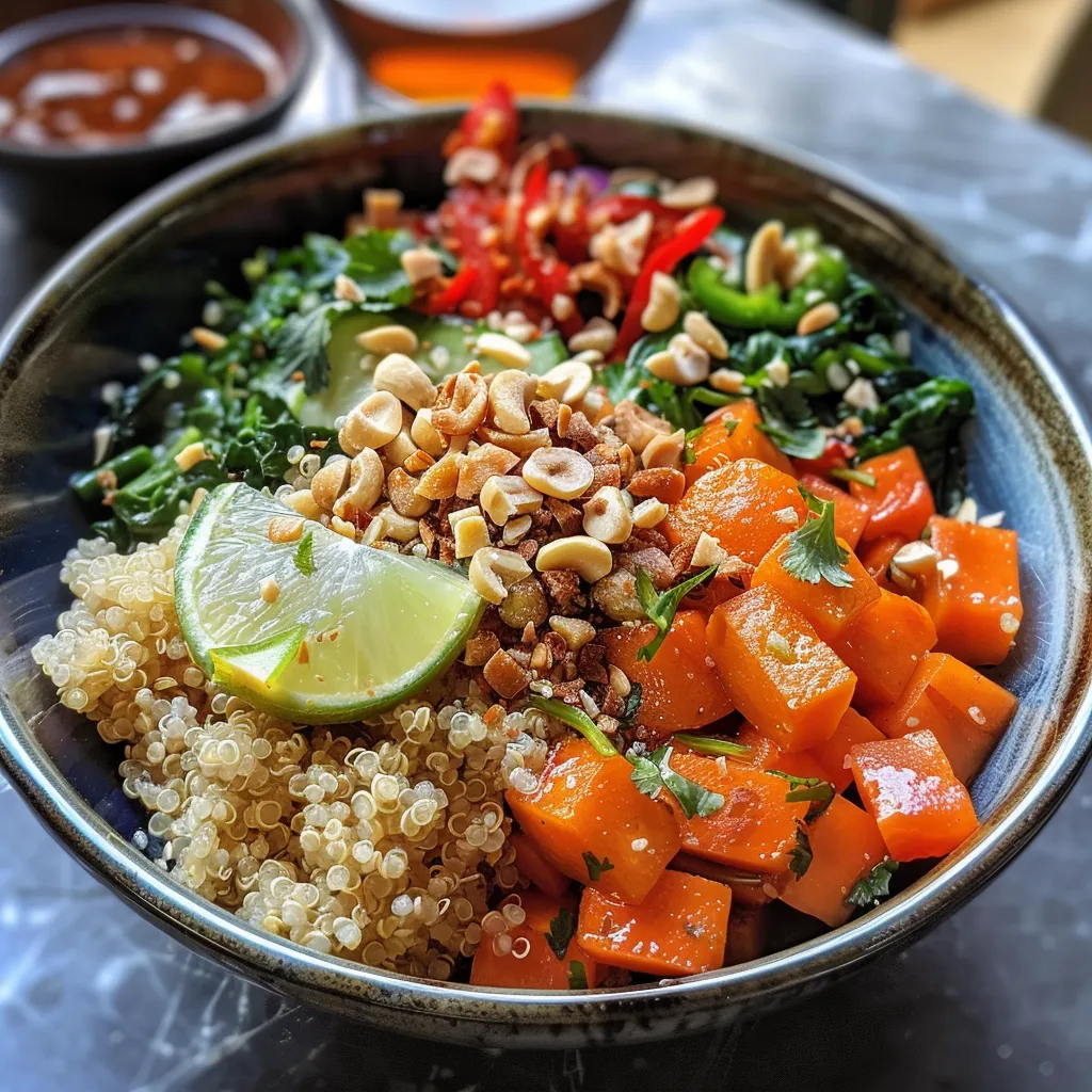 Seitenansicht einer bunten Buddha Bowl mit Erdnussbutter und frischem Gemüse.
