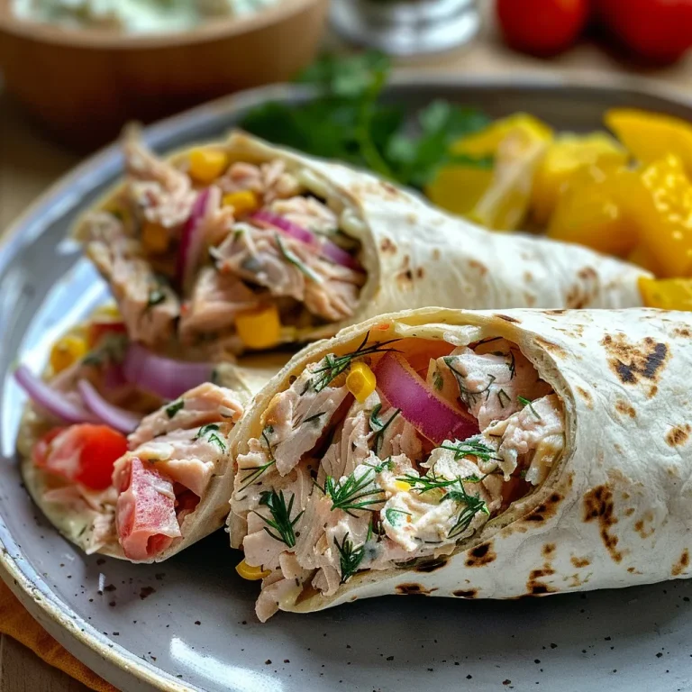 Saftiges Thunfisch-Wrap auf weißem Teller, seitliche Ansicht.