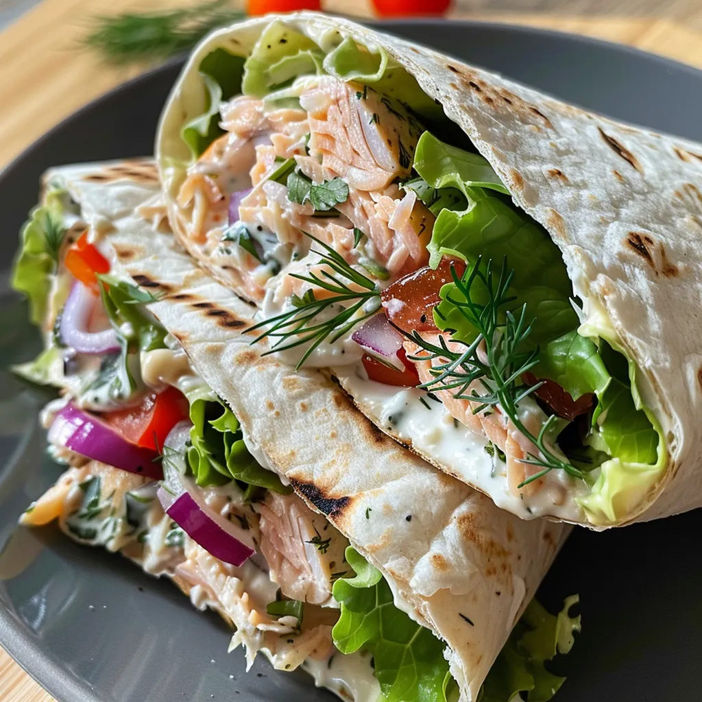 Nahaufnahme eines Thunfisch-Wraps mit frischen Zutaten.