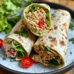 Nahaufnahme eines Thunfisch-Wraps auf einem weißen Teller.