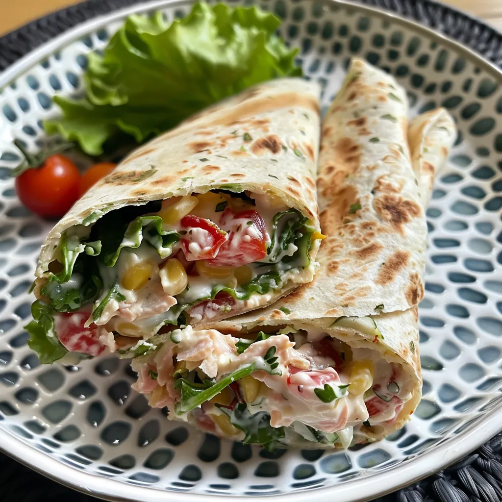 Seitenansicht eines schmackhaften Thunfisch-Wraps mit frischen Zutaten.