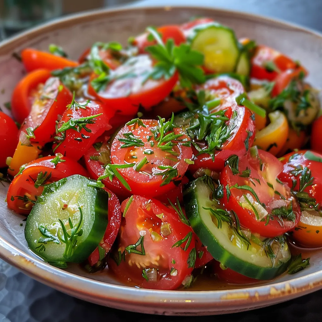 Seiteansicht eines bunten Salats mit Tomaten, Gurken und Zwiebeln.