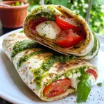 Nahaufnahme von Tomaten Mozzarella Wraps mit frischen Zutaten.