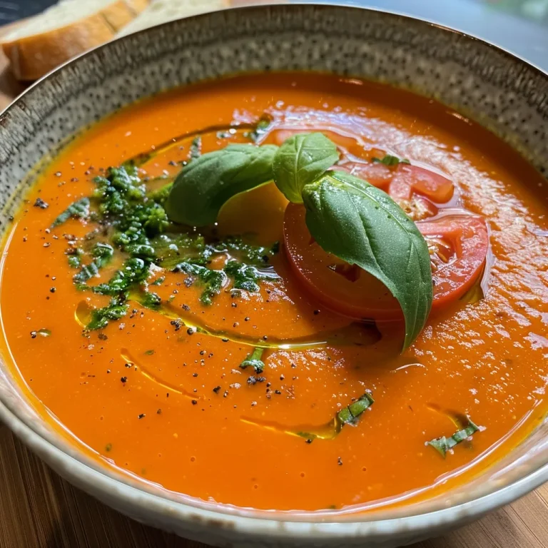 Nahaufnahme einer roten Tomaten-Orangen-Suppe mit frischen Kräutern.