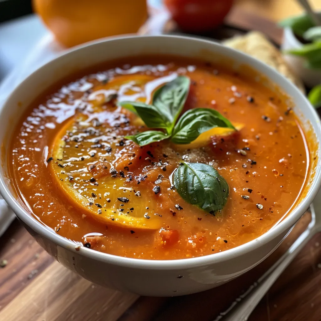 Seiteansicht einer köstlichen Tomaten-Orangen-Suppe in einer weißen Schüssel.