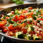 Nahaufnahme einer Tomaten-Zucchini-Pfanne mit Feta, mit frischen Zutaten.