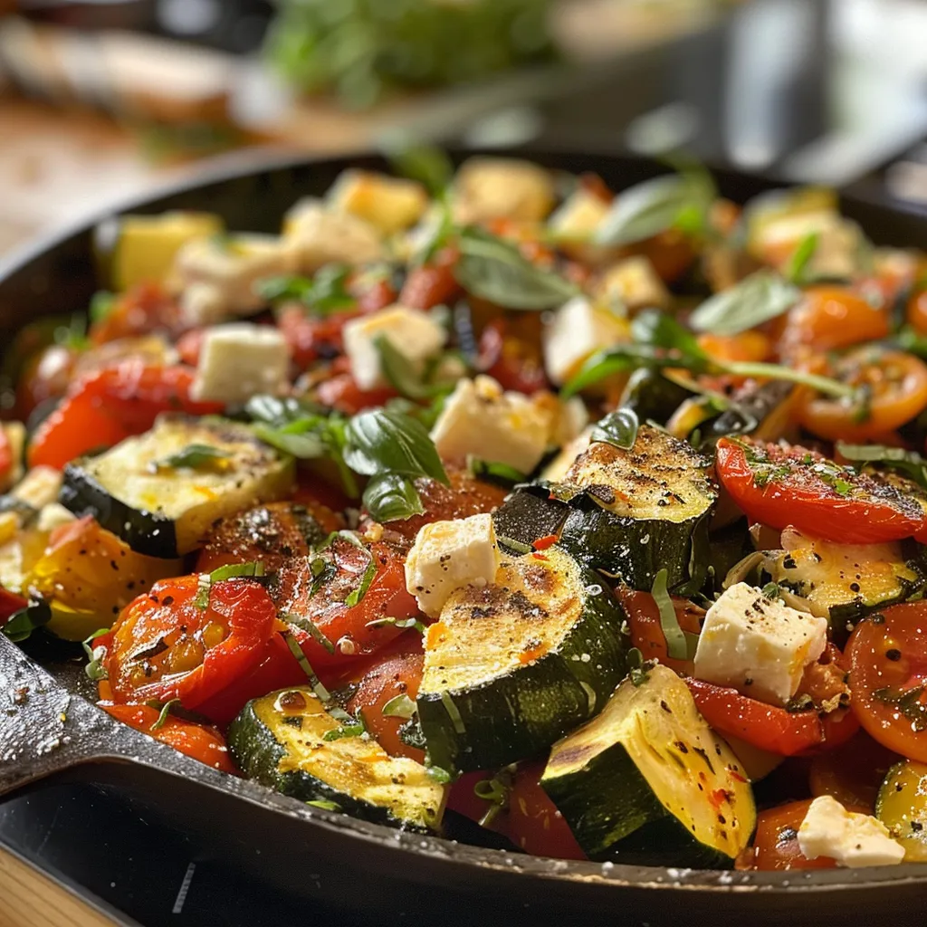 Seiteansicht einer köstlichen Zucchini-Pfanne, dekoriert mit Feta-Käse.