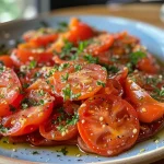 Nahaufnahme von Tomatenreis mit frischen Zutaten.