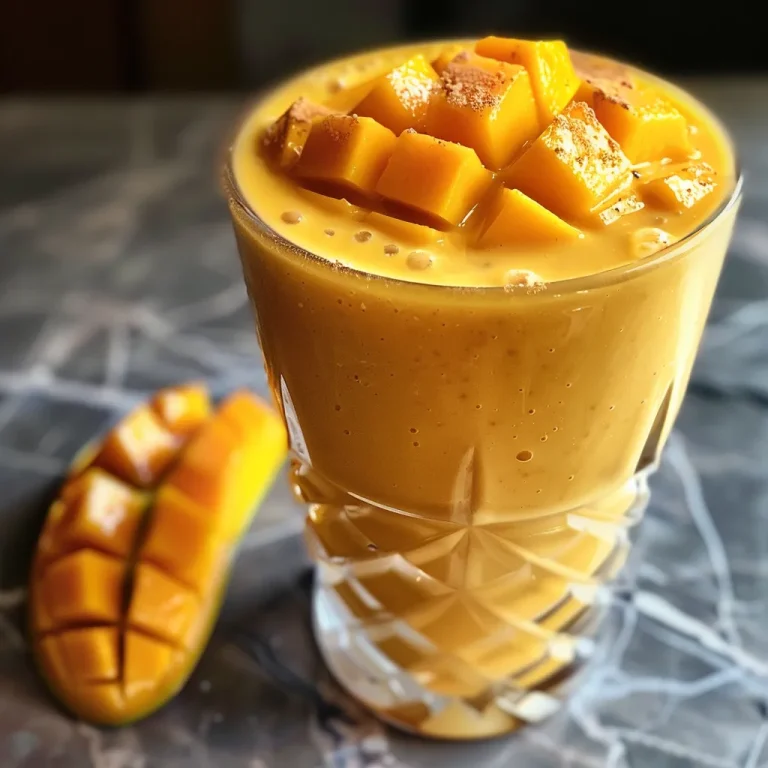 Nahaufnahme eines tropischen Mango-Kokos-Shakes in einem Glas, mit Eiswürfeln und frischen Mangostücken.