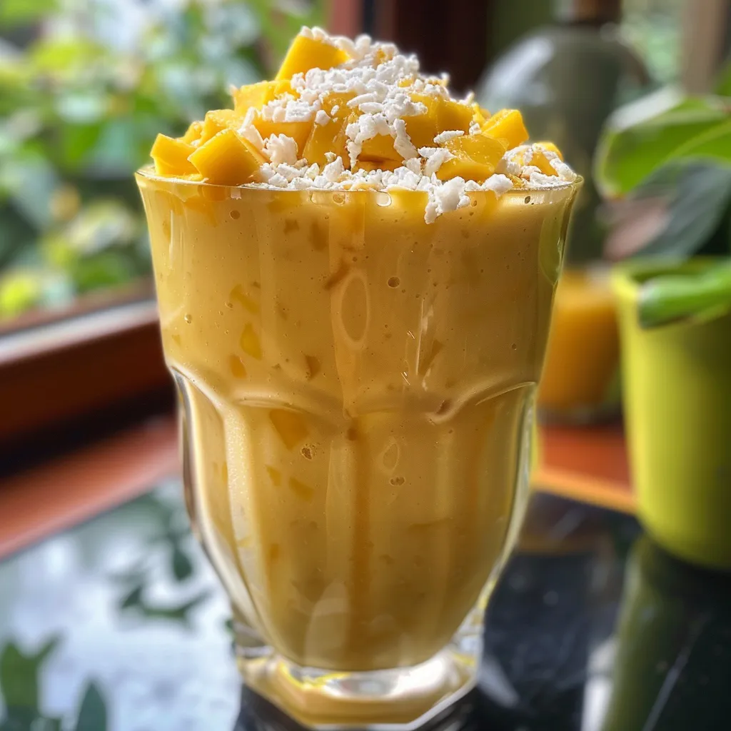 Seitenansicht eines erfrischenden Mango-Kokos-Shakes, dekoriert mit Limettenscheiben und Chiasamen.