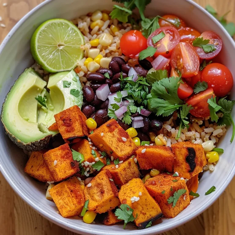 Burrito Bowl con Dulzura: Disfruta del Sabor Vegano Nahaufnahme eines veganen Süßkartoffel-Burrito-Bowls mit bunten Zutaten.