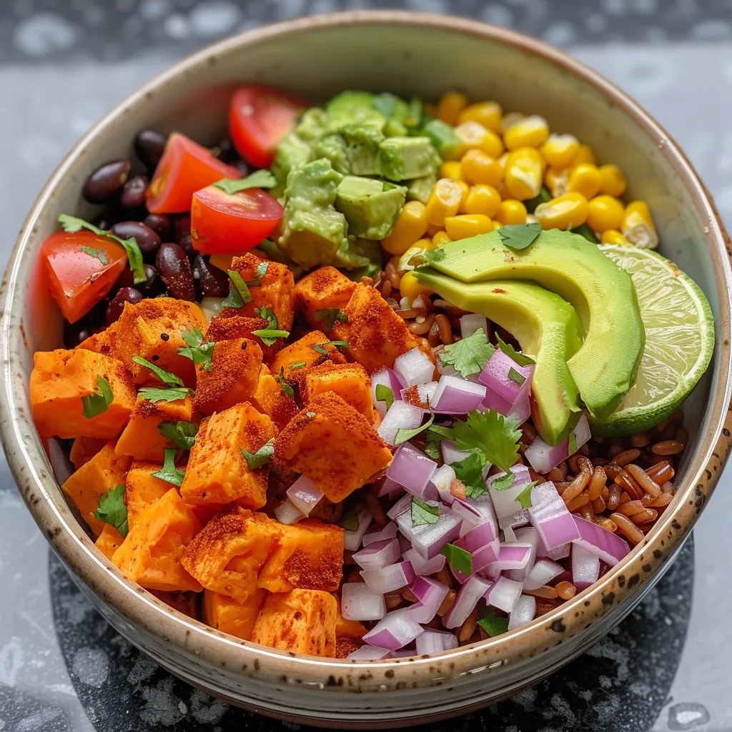 Seiteansicht eines leckeren Burrito-Bowls mit Süßkartoffeln, Bohnen und Avocado.