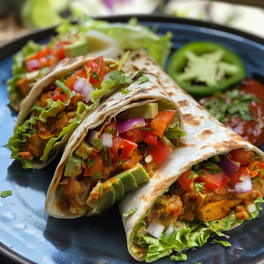 Seiteansicht eines saftigen Gemüse-Wraps mit frischen Zutaten und lebendigen Farben.