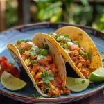 Nahaufnahme von veganen Tacos mit frischem Gemüse und Avocado.