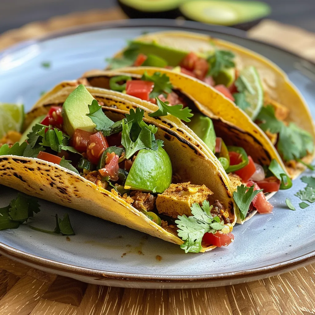 Seitenansicht von bunten veganen Tacos auf einem Teller.