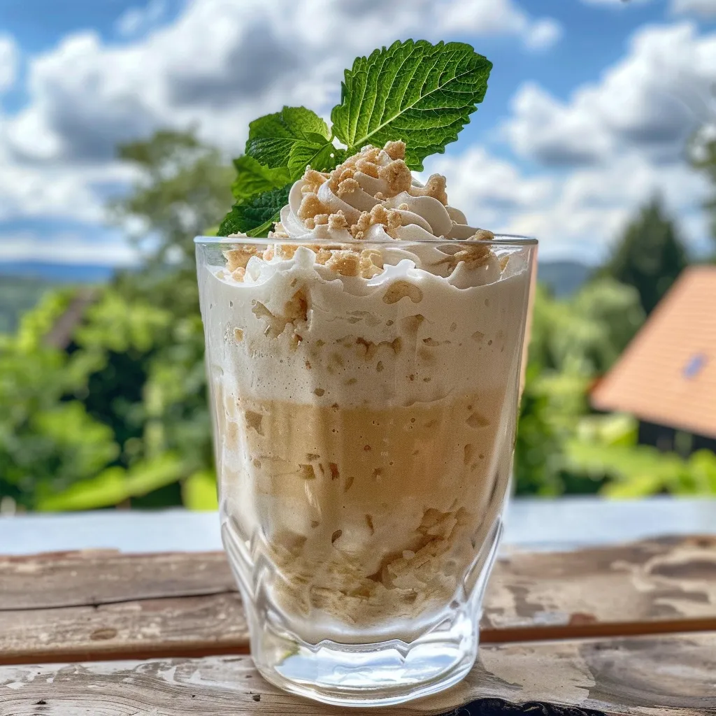 Seitenansicht von rahmigem veganen Milchreis auf einem Holzuntergrund.