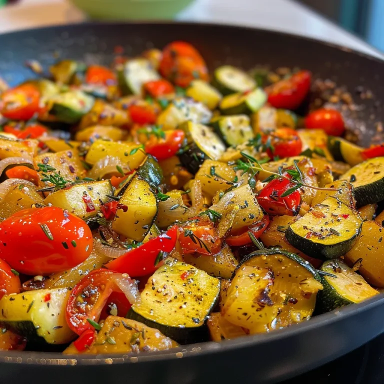 Nahaufnahme einer vegetarischen Gemüsepfanne mit farbenfrohem Gemüse.