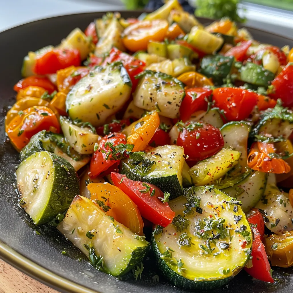 Seiteansicht einer leckeren Gemüsepfanne mit Zucchini und Paprika.