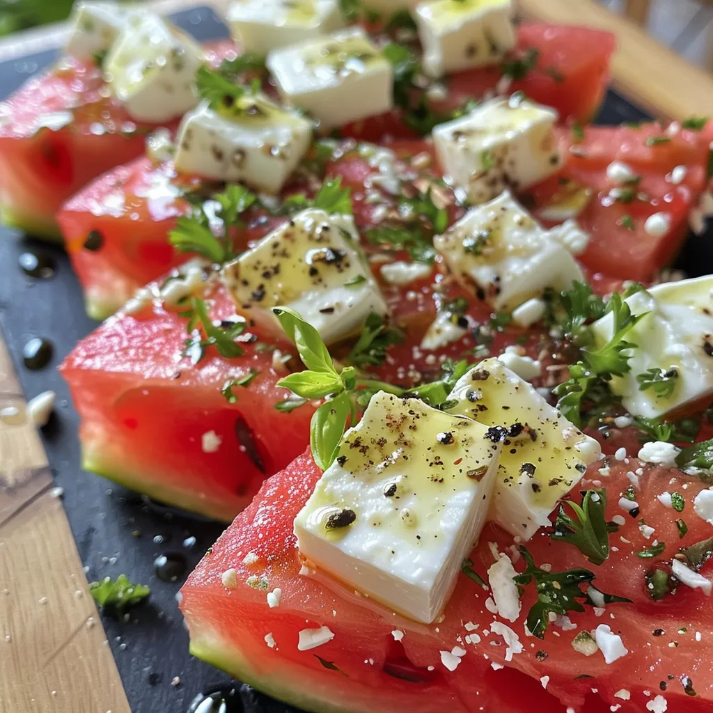 Seitenansicht von bunten Wassermelonen-Feta-Spießen auf einem Holzbrett.