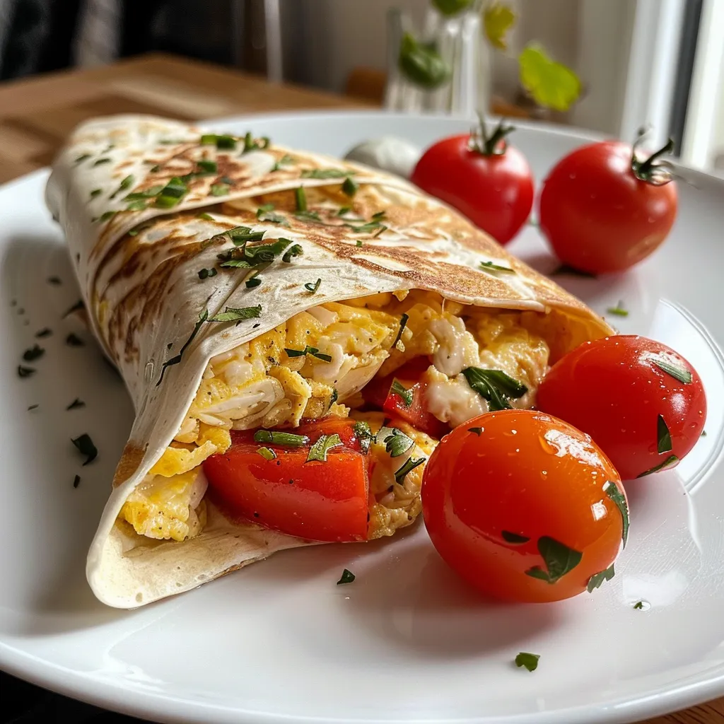 Seiteansicht eines Wrap-Omeletts gefüllt mit Schinken, Käse und Gemüse.