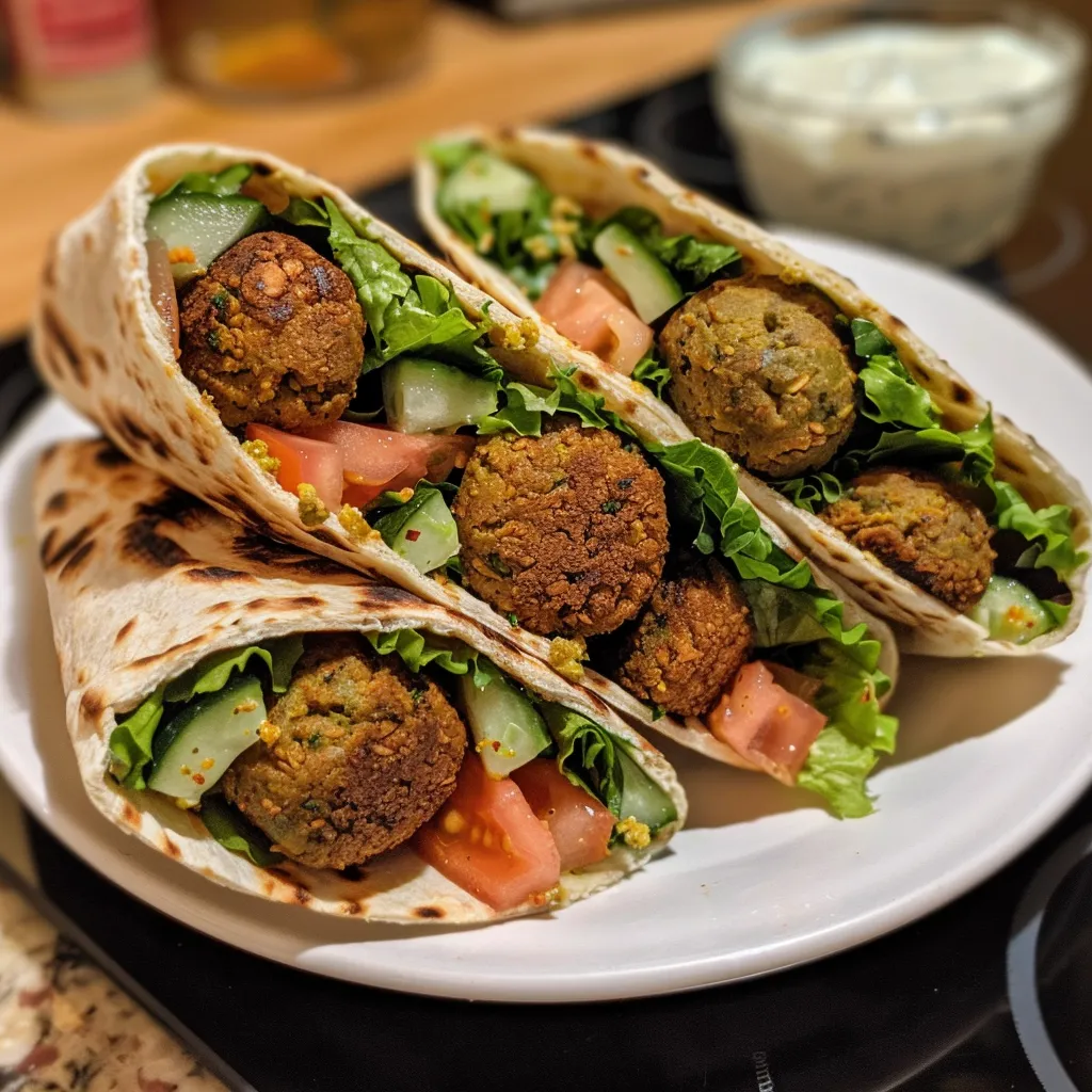 Seiteansicht eines saftigen veganen Wraps gefüllt mit Falafel und frischem Gemüse.