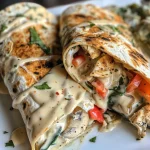 Nahaufnahme von cremigen Cheddar-Hähnchen-Alfredo-Wraps auf einem Teller.