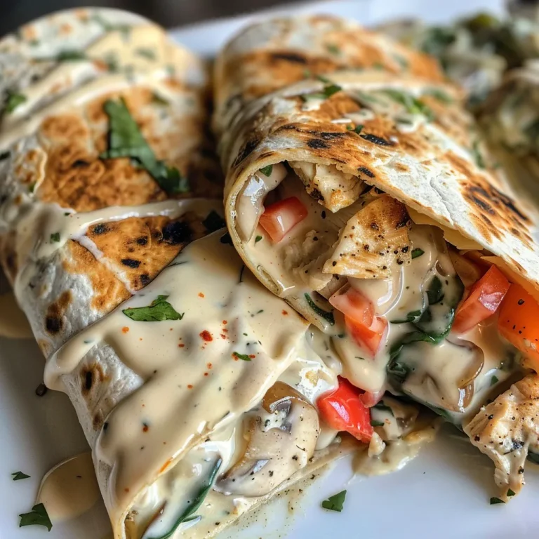 Nahaufnahme von cremigen Cheddar-Hähnchen-Alfredo-Wraps auf einem Teller.