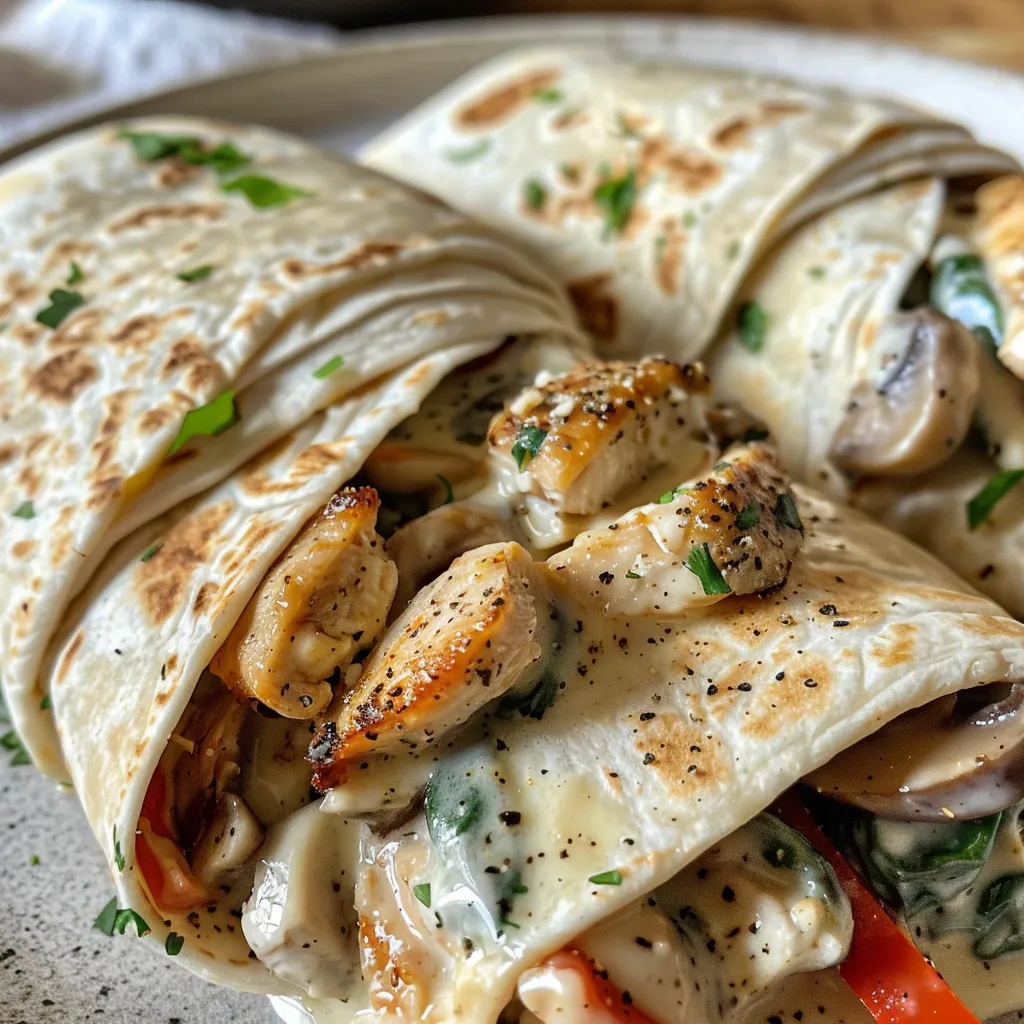 Seitenansicht von saftigen Hähnchen-Alfredo-Wraps mit Gemüsefüllung.