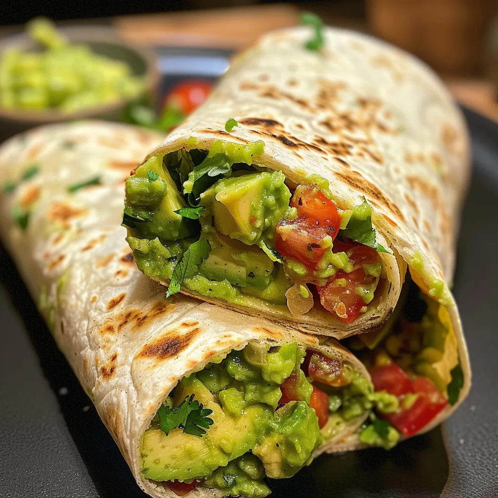 Seitenansicht eines appetitlichen Wraps gefüllt mit Avocado und Gemüse.