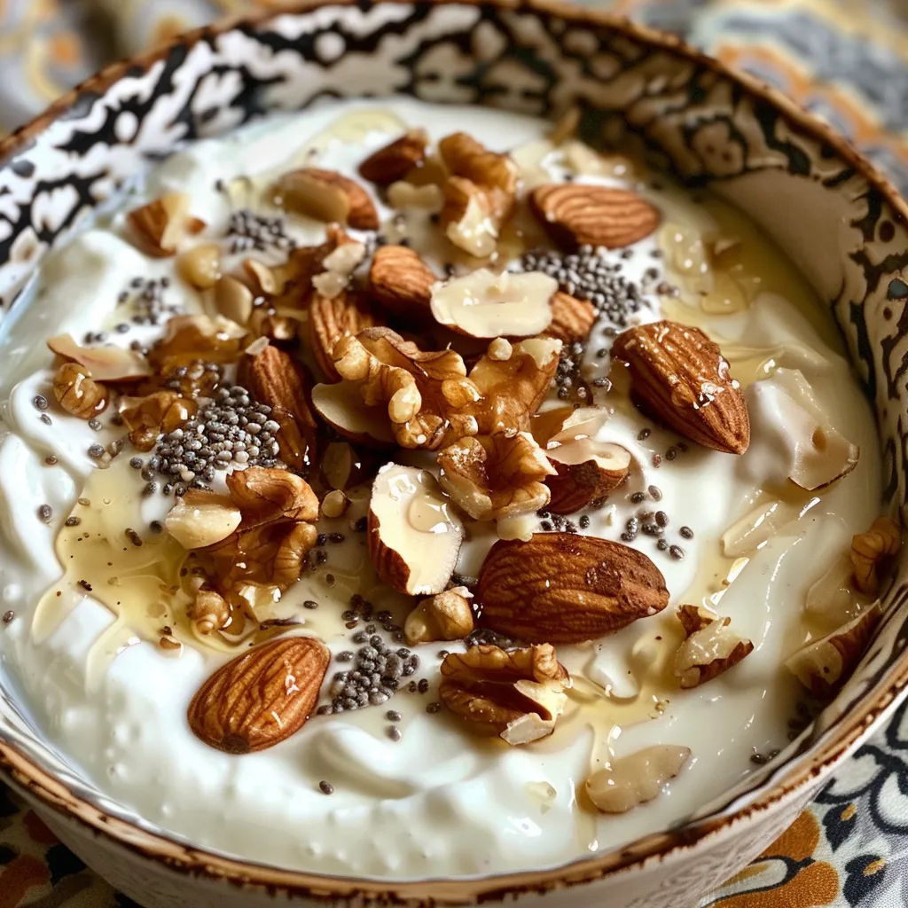 Seitenansicht eines Schalen mit griechischem Joghurt, garniert mit Honig und Nüssen.