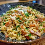 Nahe Aufnahme eines saftigen Zitronen-Hähnchen-Orzo-Gerichts mit frischem Gemüse.